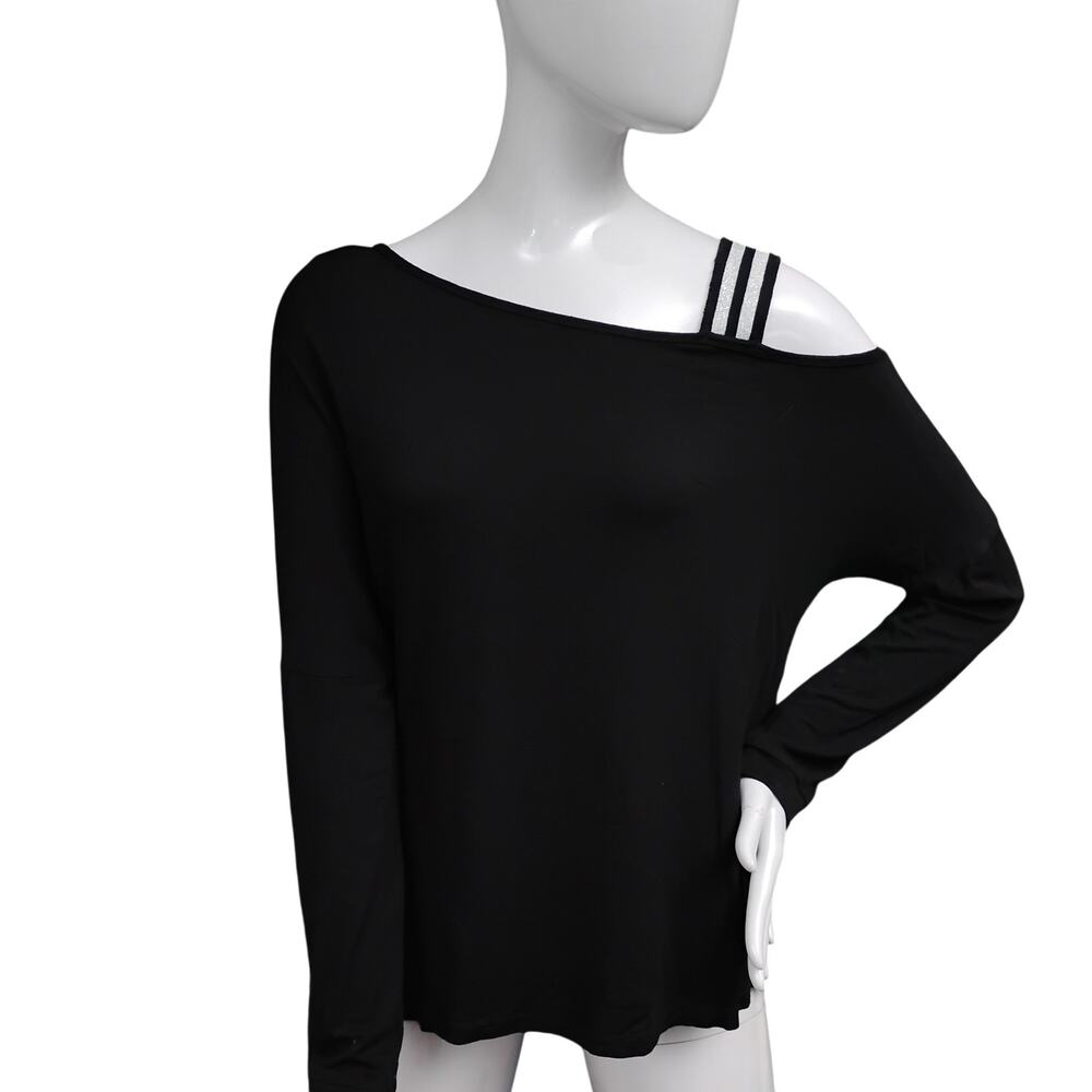 JOIA NYC One Shoulder Top Size Small Black with Striped Silver Wide Strap